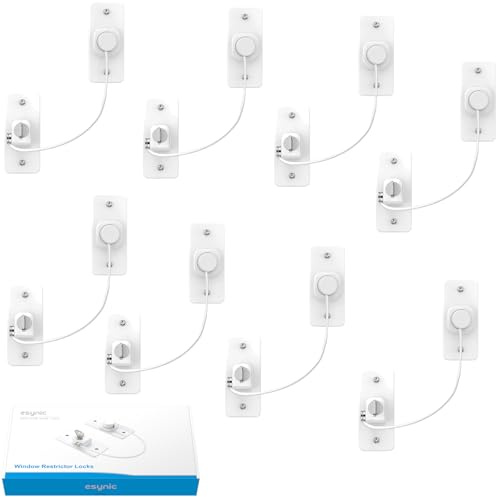 eSynic Durable Window Safety Locks 8-Pack - Child & Pet Proof Cable Window Restrictors with Key Options- No Drill Adhesive & Screw 2 Way Installation for UPVC/Wood/Metal Windows & Doors