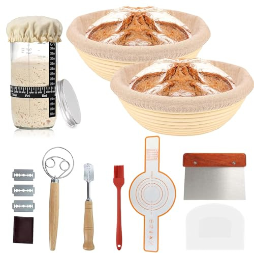 Kit de démarrage au levain, panier grille-pain naturel avec 2 paniers de fermentation à pain et 750 ml de pâte aigre, cadeaux pour boulangers débutants