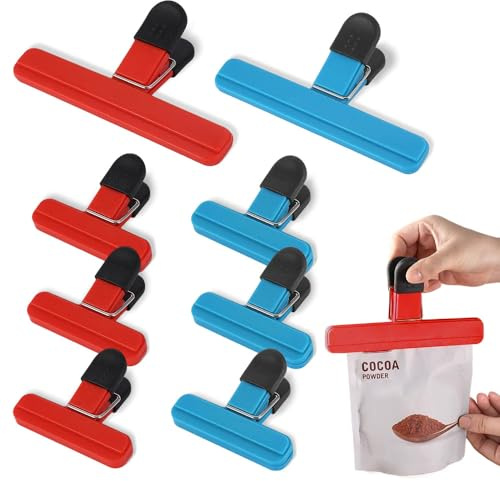Bmeigo 8pcs Food Bag Clips Set Reusable Freezer Bags Clip 2 Sizes Strong | 2 Large and 6 Small, Kitchen Storage Accessories, Durable, for Sealing Coffee Snacks Sandwichs Bags, Red and Blue
