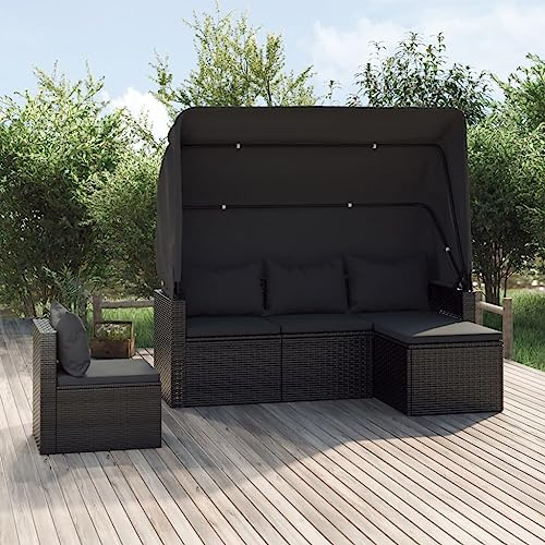 Qnhdfrt Garten Sofagarnitur 4 Teile Schwarz PE Rattan Sitzgruppe mit Kissen faltbarem Dach und Hocker für Balkon Garten Terrasse