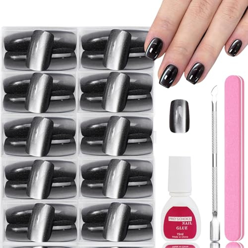 120 Stück Schwarz Cat Eye Nägel Zum Aufkleben - Glänzend Künstliche Fingernägel - Weihnacten Glossy Square Press on Nails Kurz - Nägel Zum Aufkleben mit Kleber für Frauen Weihnachtstag (Black)