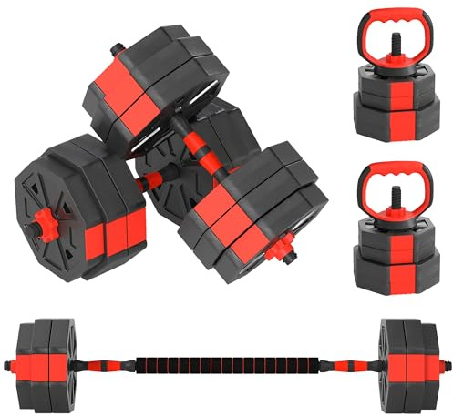 SPORTNOW Set Pesi da Palestra 4 in 1 da 30kg Totali in Plastica e Sabbia, Set Manubri Regolabili Utilizzabile come Kettlebell, Manubri, Bilanciere e Supporto per Flessioni, Rosso