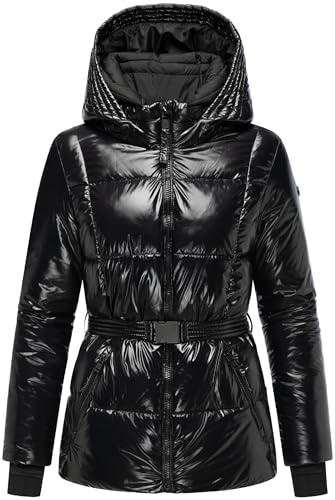 Navahoo Damen Winterjacke glänzende warme Steppjacke mit Taillengürtel Eisglanz 14 XS-XXL
