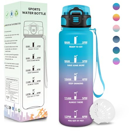 Motswedi Botella Agua, 500ML Libre de BPA, Cantimplora, Diseño de Cerradura a Prueba de Fugas, Botellas de Agua Plastico, Con Marca de Tiempo, Para Escuela, Parque, Vida Diaria - Azul&morado