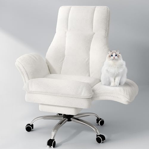 HOMVIMI Bürodrehstuhl für große und kräftige Personen mit Flip-Armlehnen & Fußstütze, Breiter Verstellbarer ergonomischer Gaming-Sessel für Sitz mit gekreuzten Beinen und Tierkomfort, Teddy White