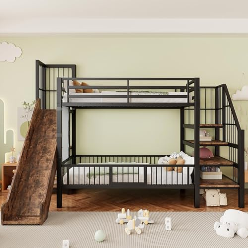PUGSDRLY Lit Superposé en Fer avec Toboggan, échelle de Rangement de Niveau 4, Sommier à Lattes, pour Adolescents - sans Matelas (Noir)