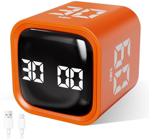 Cuteefun Temporizador Cubo, Pomodoro Timer Rotativo, Recargable, Naranja | 5/10/30/60 Min y Cuenta Atrás Personalizada, Vibración Y Sonido de Timbre, Temporizador Productividad para Cocina, Estudio