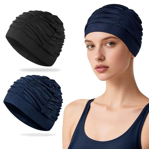 Kiiwah 2 st långhåriga vuxna simmössa, nylon tyg pool mössa elastisk och bekväm pool hatt för kvinnor män bad simning och sport