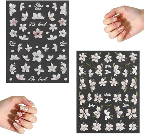 UZYXC 2 Sheets 3D Flower Nail Art Stickers, Self-Adhesive White Pink Floral Nail Decals, Spring & Summer Nail Supplies for Women Nail Design Decoration