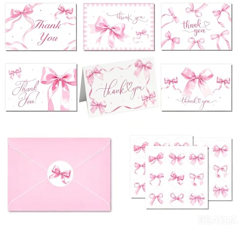RhiVrillion Tarjetas Personalizadas con Diseño de Lazo – Set de 6 Tarjetas Regalo + Sobres + Pegatinas – Ideal para Cumpleaños, Día de la Madre, Agradecimiento y Invitaciones