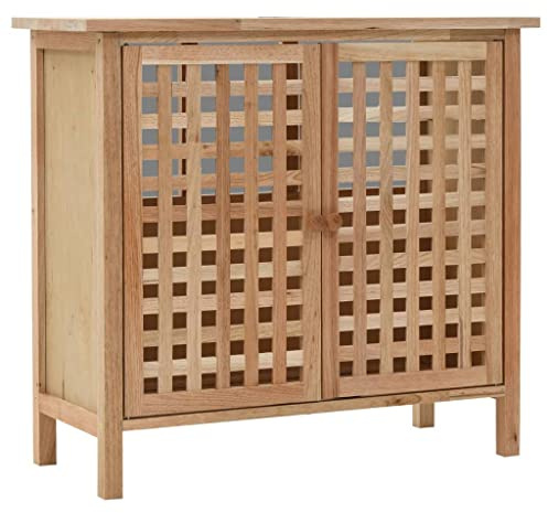 YUTAASU Mobile sottolavabo con specchio in legno massello di noce e compensato, mobile da bagno con due ante a griglia, ampio scomparto e ripiano per asciugamani e prodotti igienici