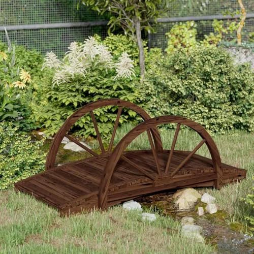 Runheo Pont de jardin en bois de sapin massif 99 x 50 x 38 cm avec balustrade en forme de roue, pont de bassin stable et résistant aux intempéries pour extérieur, ruisseau, terrasse