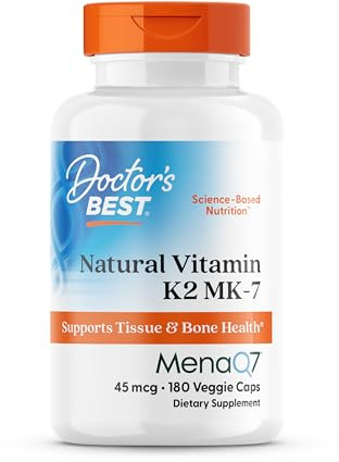Doctor's Best Natural Vitamin K2 MK7 Supplement for Men & Women - Bone Health Support, 45 mcg Vitamin K-2 MK-7 Capsules with MenaQ7, Calcium Support, Non GMO, Vegan - 180 Veg Caps