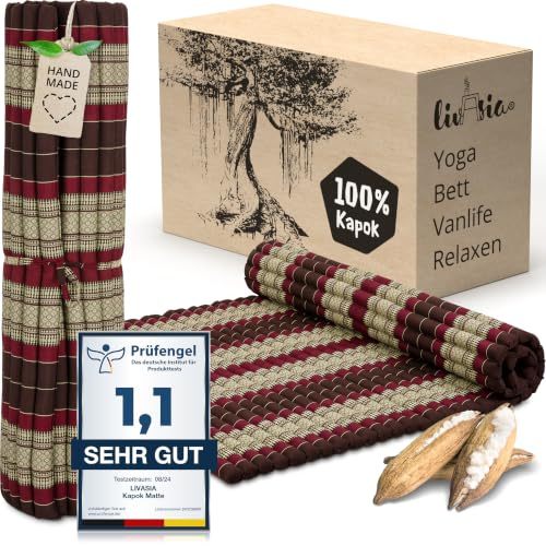livasia Rollmatte XXL breit Doppelbett - 200x145x4,5cm - Gästebett Gästematratze 2 Personen mit Muster, Reisebett für Kofferraum und outdoor, Thaimatte Kapok Garten und Balkon (Weinrot)