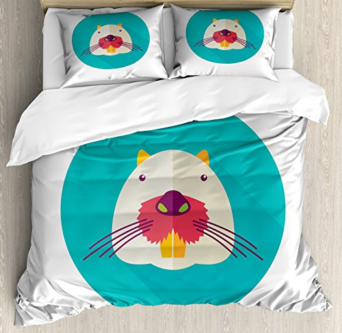 Ambesonne Colorful Duvet Cover Set, Beaver Portrait with Small Eyes and Giant Teeth Cartoon Style Animal Illustration, Decorative 3 Piece Bedding Set with 2 Pillow Shams, Queen Size, Multicolor