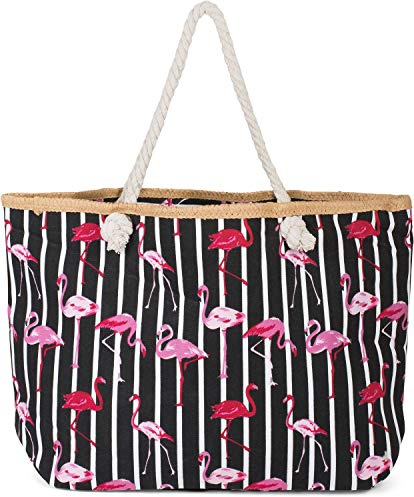 styleBREAKER XXL Strandtasche Flamingo Streifen Design | 58x37x13 cm Maß, 68 cm lange Kordelhenkel, Hauptfach mit Zipper, Bast-Details, zusätzliches Innenfach für Wertsachen.