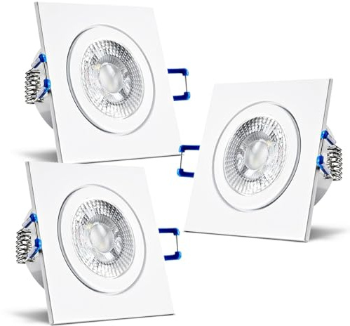 trendlights24 Mare IP44 Bad LED Einbaustrahler 230V Weiß eckig 3 Stufen dimmbar ultra flach 35 mm 3er Set 5W Neutralweiß Deckenleuchten für Feuchtraum