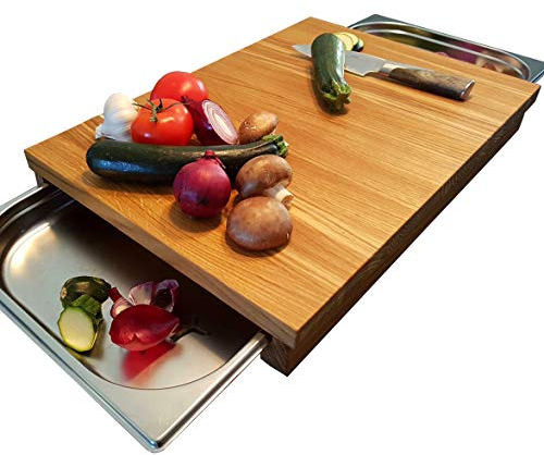Küchenbrett Eiche Massivholz mit Auffangschalen 53,7x37x7cm Holzbrett Servierbrett Küche Schneidbrett Brett Käsebrett Schneidebrett Brotschneidebrett (53,7 x 37cm mit Zwei 1/2 GN-Behältern)