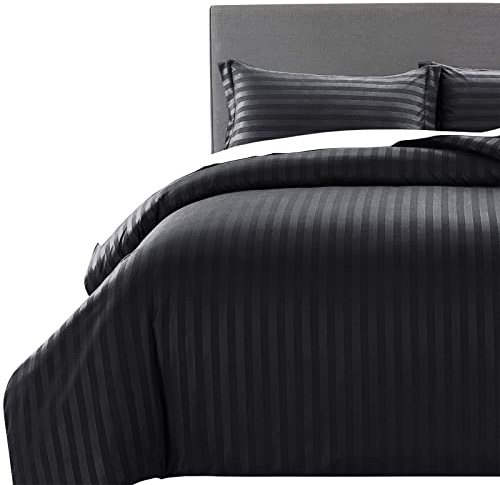 MOONLIGHT20015 Double Duvet Set Reversible Stripes Satin Double Bedding Set with 2 Pillowcases Soft Hypoallergenic Duvet Cover (Black 200x200 CM)