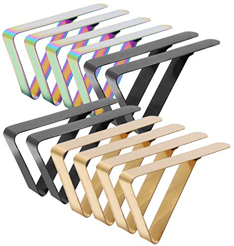 12 Stück Picknick-Tischdeckenklammern, Edelstahl, verstellbar, für den Außenbereich, Tischdeckenhalter, Tischdeckenklammern (Gold, Mehrfarbig und Schwarz)