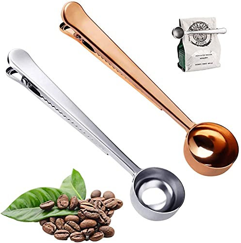 QIANMEI Espresso Spoons teaspoon 2-in-1 Design Coffee spoon|2 Pcs Stainless Steel Measuring Scoop with Bag Sealing Clip|for Espresso, Coffee Beans, Milk Powder