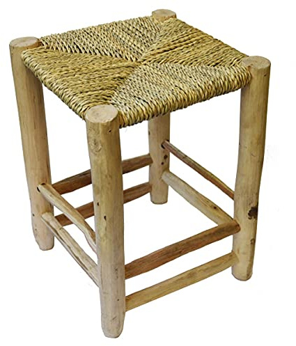 Simandra Scandi Stil Holzhocker Hocker Fußhocker massiv mit geflochtenen Palmenblättern