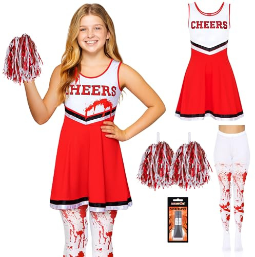 REDSTAR Cheerleader Kostüm Kinder mit Strümpfen & Kunstblut – Gruseliger High School Zombie – Faschingskostüme Mädchen –Halloween Party oder Karneval