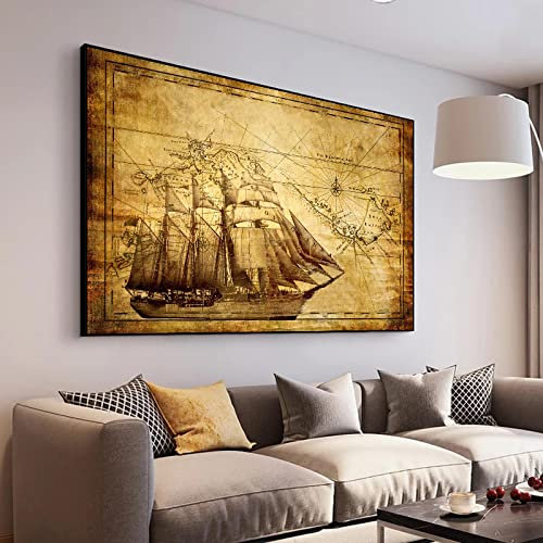 Xinmei Art Vintage European Segelboot Segelkarte Poster Antike Karte Fantasy Schiff Leinwand Malerei Wandkunst für Studie Wohnkultur 90x130cm (35x51in) Mit Rahmen