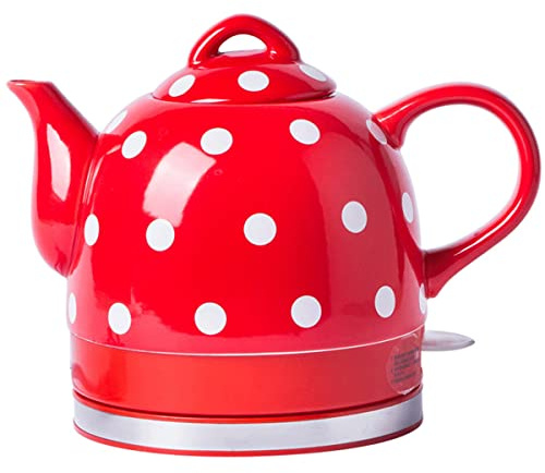 Bouilloire en Céramique Bouilloire Électrique sans Fil 1 Litre, Rétro Rouge Bleu avec Imprimés, Design Oriental,1000W Ebullition Rapide,sans BPA Auto-Arrêt & Protection Anti-Ébullition à Sec (A:Red)