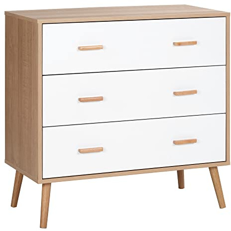 HOMCOM Commode Scandinave sur Pieds 3 Tiroirs Blanc Aspect Bois Clair