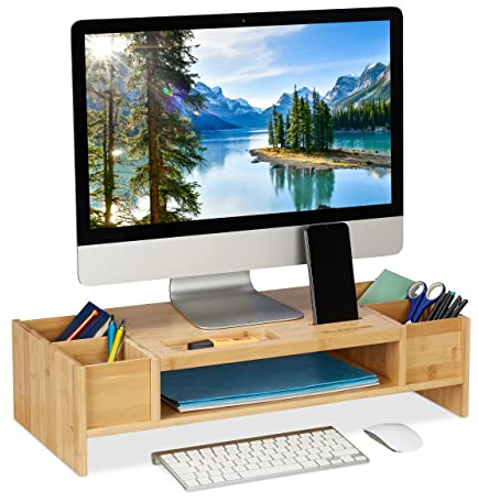 Relaxdays Monitorständer Bambus, Bildschirmerhöhung mit Fächern, HBT 15,5x62,5x28cm, Monitorunterbau Schreibtisch, Natur
