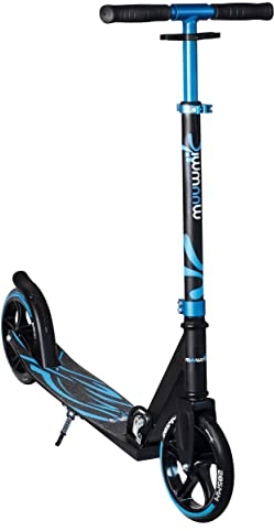 muuwmi Aluminium Scooter Plus – Tretroller, 205 mm, ABEC 7, GS-geprüft, höhenverstellbar, XL-Deck, blau-schwarz