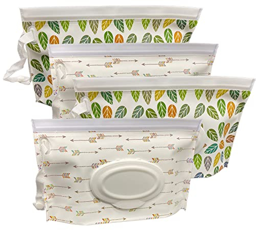 4 Pièces Pochettes de Lingettes Humides, Sac à Lingettes Mouillées Portable, Distributeur Pochette Boîte de Rangement de Lingettes Humides Réutilisable pour Bébé Lingettes (Arrow & Leaf Pattern)