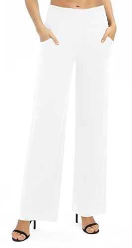 Women's Solid Loose Straight Leg Palazzo Pants High Waist Stretchy Lounge Trousers with Pockets (M, White)