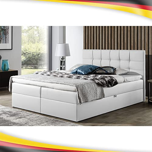 FURNISTAR Boxspringbett Doppelbett Leo - Bett mit Bonellmatratze, mit Bettkasten für Bettwäsche und Topper. Widerstandsfähiger und angenehm zu berührender Kunstleder mit Bettkasten (Weiss, 160x200)
