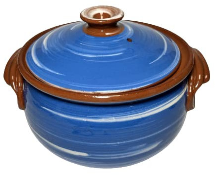 etara Wein&Feinkost Kollektion/Tontopf, Bräter, Schmortopf mit Deckel, Güvec, Brottopf, Joghurttopf, Keramik, bulgarische Tradition, hochwertige Handarbeit (Blau - Weiß, 3 Liter)