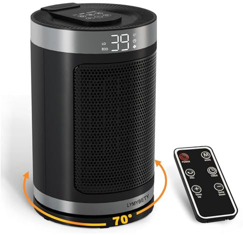 Electric Space Heater, 1500W PTC Ceramic Heater 70 Degree Oscillation, Electric Heater with Timer and Thermostat for Home Low Energy, Remote Control, 1-12H Timer (Round)