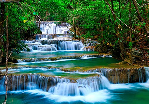 decomonkey Fototapete selbstklebend Wasserfall 245x175 cm Selbstklebende Tapeten Wand Fototapeten Tapete Wandtapete klebend Klebefolie Wald Flu?? Dschungel Thailand Asien Natur Blau Grün