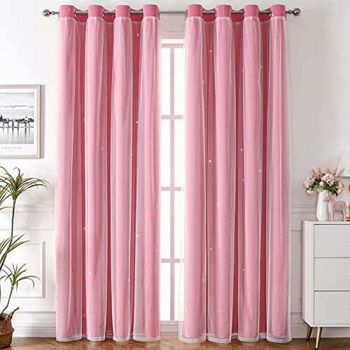 Nyescasa Verdunklungs Vorhänge mit Höhlen mit Voile 2er Set 160x132cm Rosa | Kinderzimmer Vorhang Doppellagige Gardienen mit Höhlen mit Voile Ösenschal für Wohnzimmer Schlafzimmer Mädchen Dekoschal