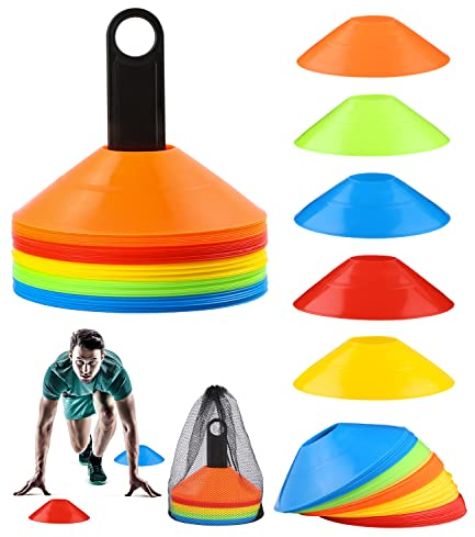 Birshe 50 Stück Markierungshütchen, Sport Hütchen mit Ständer, Netztasche, Fussball Hütchen Set für Fussball, Hockey, Eislaufen, Handball oder Trainingshilfe für Koordination(5 Farben