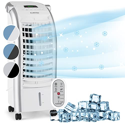Klarstein Aire Acondicionado Portatil 4 en 1, Climatizador Aire 65 W Silencioso, Modo Noche 6L Humidifiicador, Ventilador, Purificador, Aparatos de Aire Flujo Aire 444m³/h Blanco