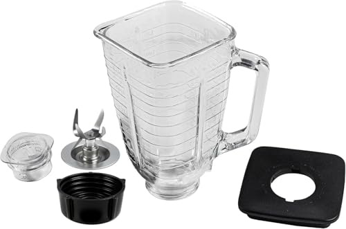 HQRP Juego de tarros de vidrio de repuesto compatible con licuadora Oster Osterizer, 004954-011-090 014709-156-000 004902-003-NP0 084036000000, jarra de 1.25 L, capacidad de 0.33 galones, tapa negra