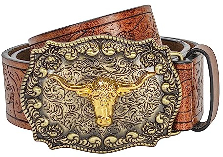 JowTreex Western Leather Buckle Belts - Cowboy Longhorn Bull Pattern Buckle Belt Floral Engraved Buckle Belt for Men Women