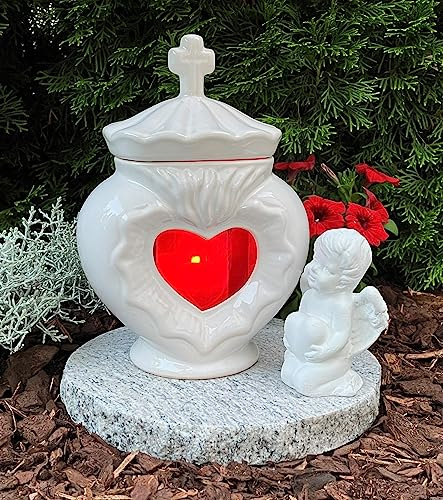 Grablaterne mit Sockel und Engel weiß 26,0cm incl.Grablicht Herz Grabnitsockel Grabschmuck Grablaterne Grabkerze Kerze Grableuchte Lampe Laterne Schutzengel Trauer Grabdekoration Garten