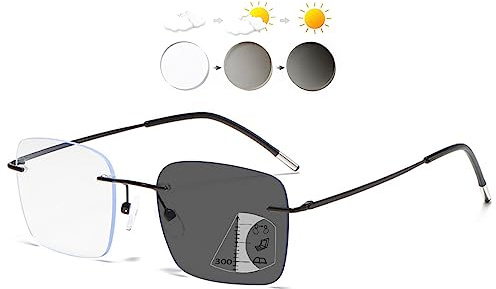 KOOSUFA Randlose Selbsttönende Gleitsicht Lesebrille Gleitsichtbrille Progressive Multifokus Blaulichtfilter Photochrome Herren Damen Rahmenlose mit UV-Schutz Sonnenlesebrille 1.0-4.0