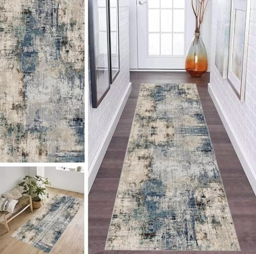 ZDYHMrj Läufer Teppich Flur Küche Waschbar rutschfest 70 * 350cm, Abstraktes Geometrisches Muster Grau und Blau Lang Teppichmatte Dauerhaft Fur Korridor Wohnzimmer Schlafzimmer Meterware Anpassbar