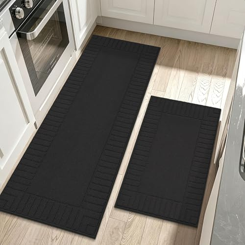 BEQHAUSE Küchen Teppiche, Waschbar, TPR rutschfest,60x89cm+60x152cm,Schwarz | Küchenteppich Läufer Geeignet für Küchen, Esszimmer, Leicht zu Reinigen, Polypropylen, Haustierfreundlich, Schmutzfangend