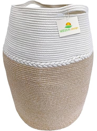 WIESEN.design Korb Jamila Ø46/39xH65 cm Hellbraun/Weiß/105 L, Aufbewahrungskorb geflochten aus Baumwolle, Aufbewahrung Kinderzimmer Badezimmer, Korb geflochten, Faltbarer Wäschekorb, Wäschesammler