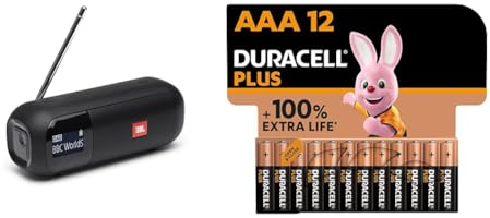 JBL Tuner 2 Radiorekorder in Schwarz – Tragbarer Bluetooth Lautsprecher mit MP3 & Duracell Plus Batterien AAA, 12 Stück, langlebige Power, AAA Batterie für Haushalt und Büro