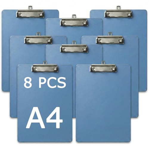 SHUESS 8er Klemmbrett A4 aus Kunststoff, Blau Klemmbretter A4 Schreibbrett mit Gummierter Metallklemme und Aufhängeöse, Stabiles Clipboard A4 Schreibunterlage für Büro, Schule, Studenten und Werkstatt